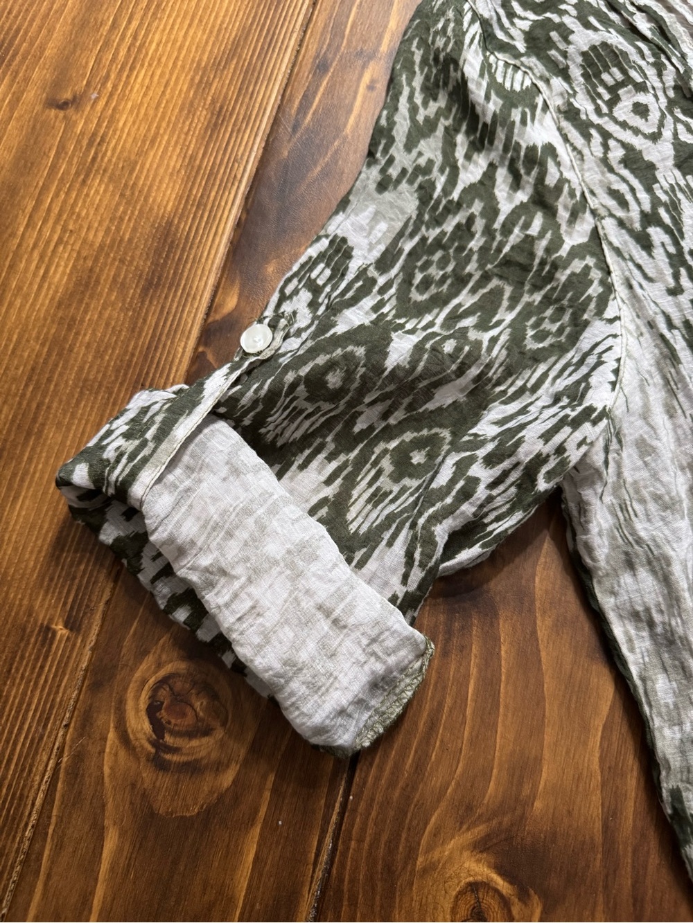 Ruby Rd. Olive and Cream Patterned Button-Front Shirt - Picture 3 of 5